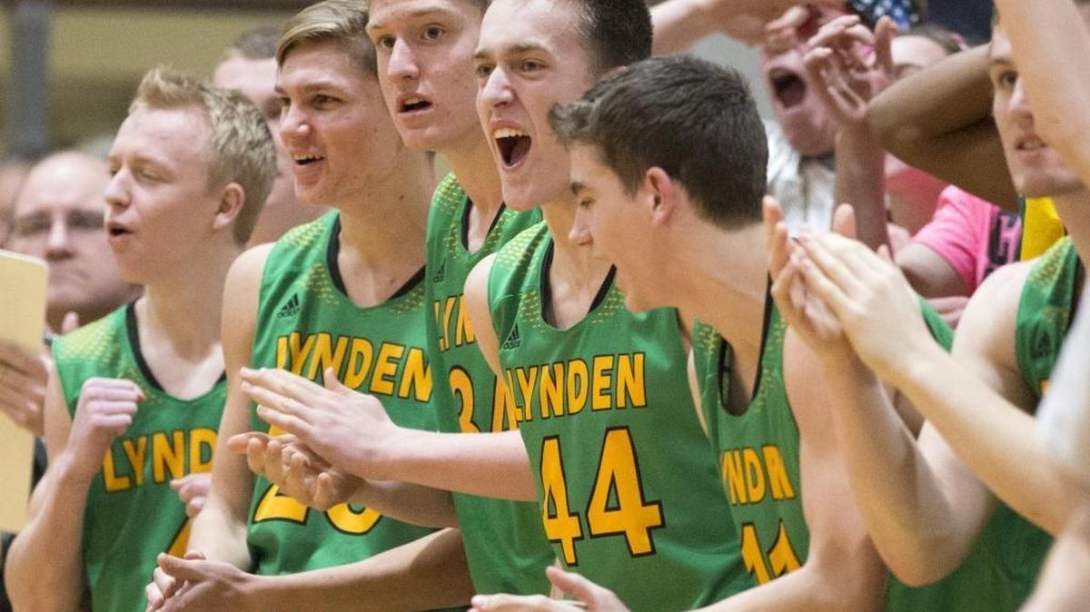 Lynden celebrates during its 71-68 win over Lynden Christian Jan. 21.