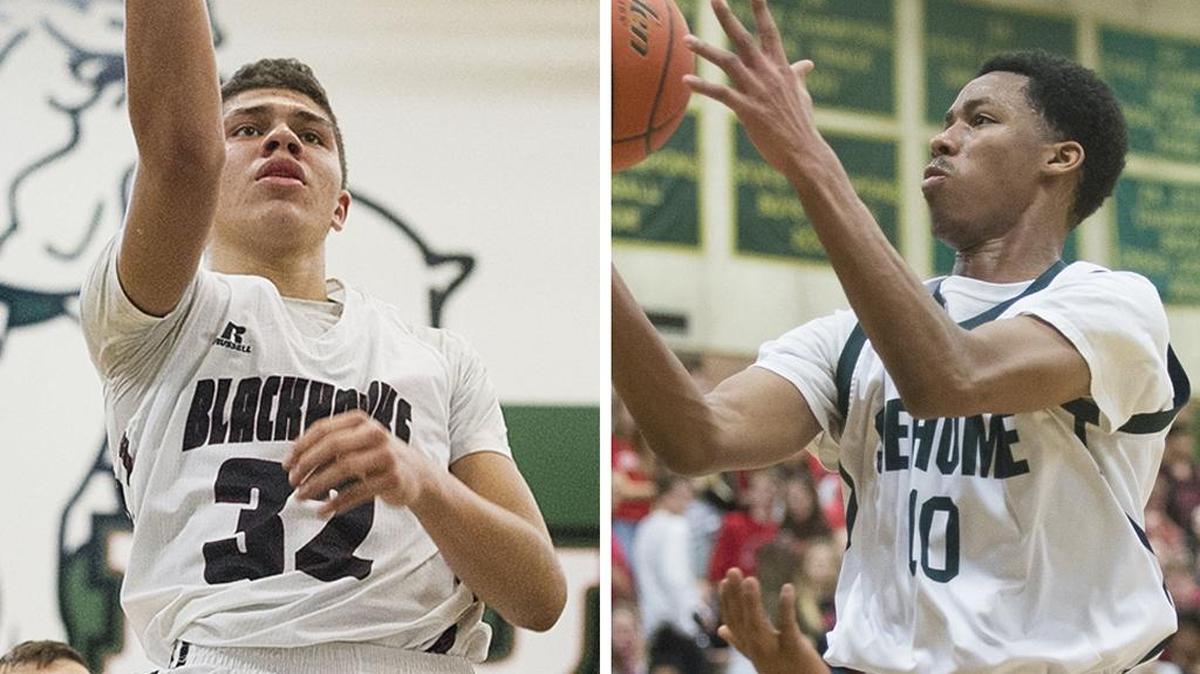 Lummi’s Trazil Lane, left, and Sehome’s JaKobe Woodfork are scheduled to play in the Washington Interscholastic Basketball Coaches Association’s 15th Annual State Basketball Showcase May 6-7 at Bellevue College.