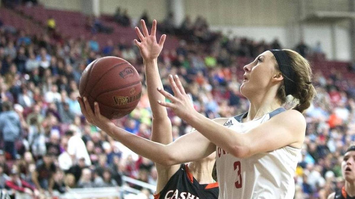Mount Baker’s Danielle Tyler, right, drives against Cashmere in the Class 1A girls state basketball championship game Saturday, March 4 in Yakima.