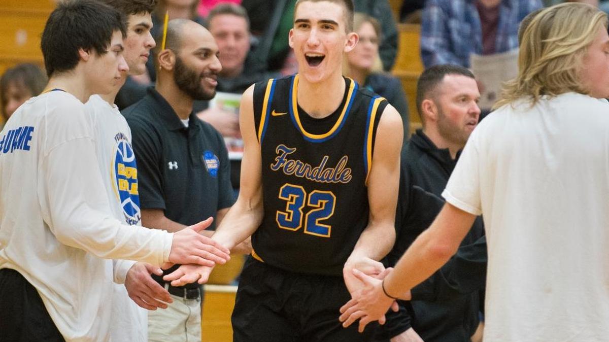 Ferndale's Dane Larsen is introduced before the start of a game against Lynden on Thursday, Jan. 28, at Lynden High School.