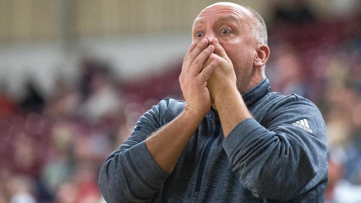 Lynden Christian boys’ basketball head coach Roger DeBoer reacts to a referee’s call during a 72-57 loss to Zillah in a Class 1A State Tournament semifinal game on Friday, March 3, at the Yakima Valley SunDome in Yakima. Lynden Christian will play for third place on Saturday.