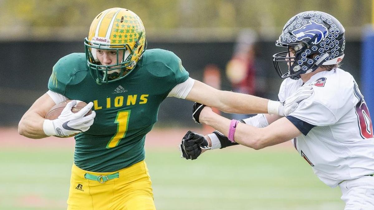 Lynden’s Aaron Weidenaar, left, pushes Black Hills’ Justin Gudaz during a 2016 Class 2A state first round playoff game at Civic Stadium in Bellingham. Weidenaar was a first-team All-2A Northwest Conference selection at receiver and defensive back.