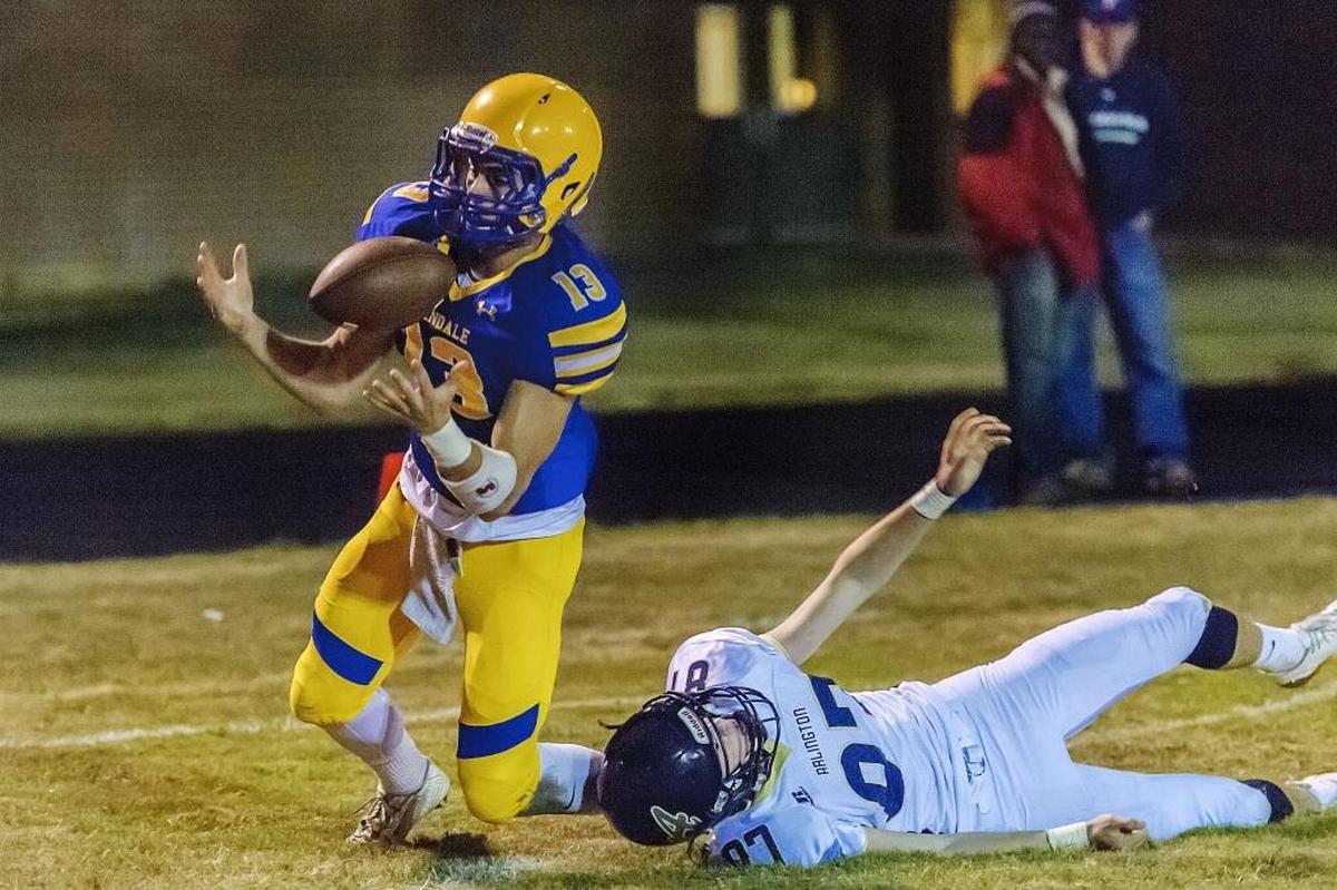Ferndale’s James Hinson (13) intercepts the ball intended for Arlington’s Dylan Simmons (87) in the end zone during a game on Sept. 22, 2017, in Ferndale, Wash. Hinson was named to the Class 2A all-state first team by the Associated Press.