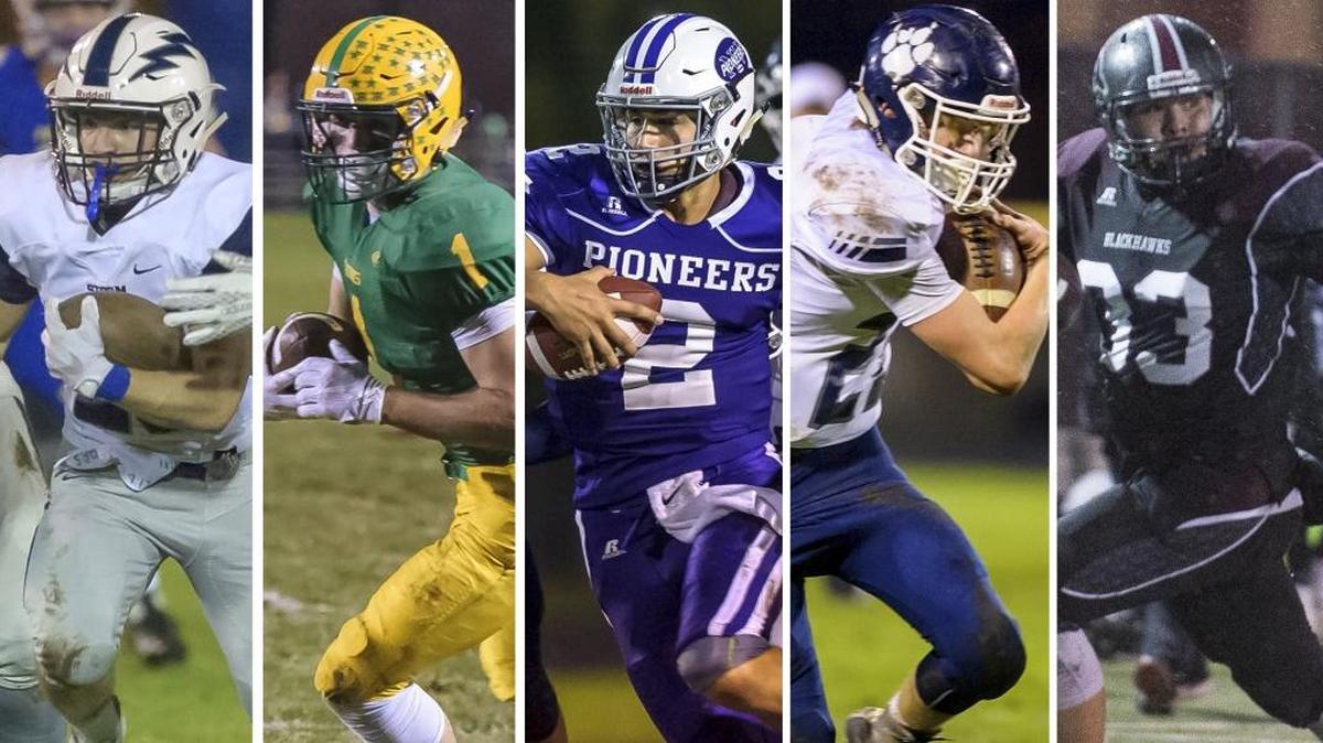 Squalicum's Triston Smith, from left, Lynden's Aaron Weidenaar, Nooksack Valley's Casey Bauman, Lynden Christian's Jordan Riddle and Lummi's James Williams and their teams hope to keep their playoff hopes alive during Week 9.