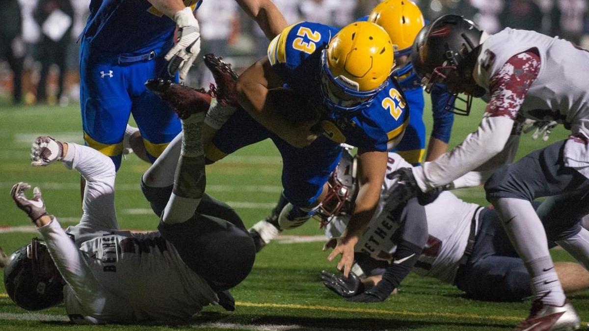 Ferndale’s Gabriel Wade dives into the end zone for a touchdown against Bethel in the first round of 3A state playoffs on Friday, Nov. 10, at Civic Stadium. Ferndale won 42-14.