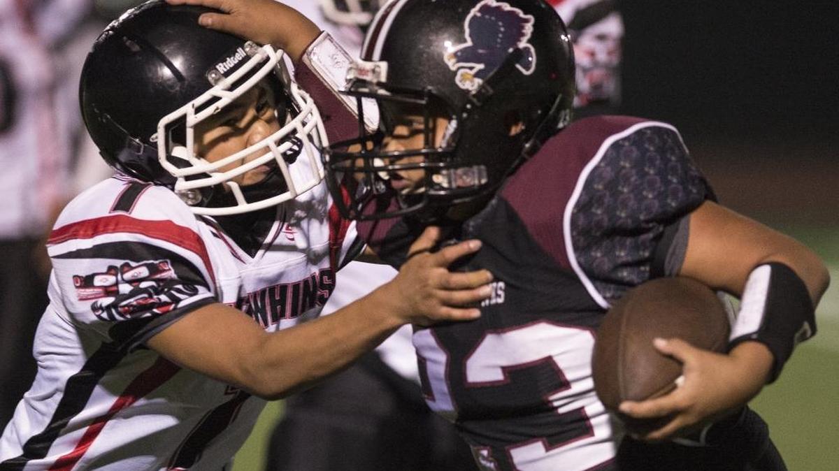 Lummi’s Stanford Hoskins stiff-arms Taholah's Jessie Purdy during a 2014 game. The Blackhawks host Rainier Christian in a Class 1B quad-district playoff Saturday.