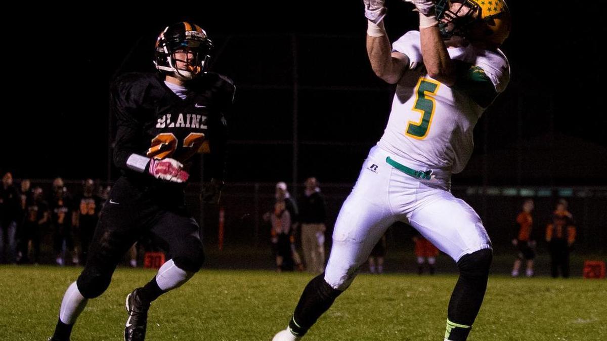 Lynden’s Noah King catches a touchdown pass against Blaine on Friday, Oct. 30, at Blaine High School.