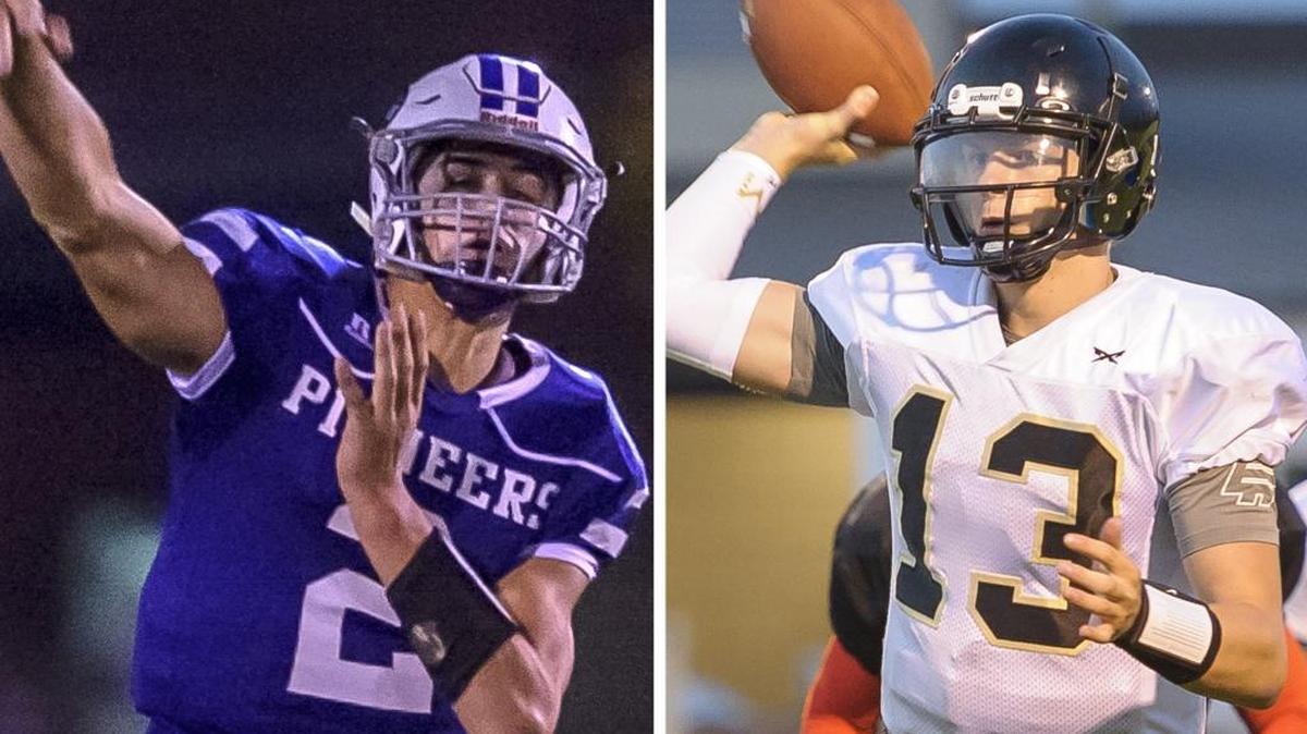 Nooksack Valley quarterback Casey Bauman, left, and Meridian quarterback Simon Burkett, who have both committed to NCAA Division I football programs in the Big Sky Conference, lead their teams into a 1A Northwest Confernece showdown Friday at Meridian.