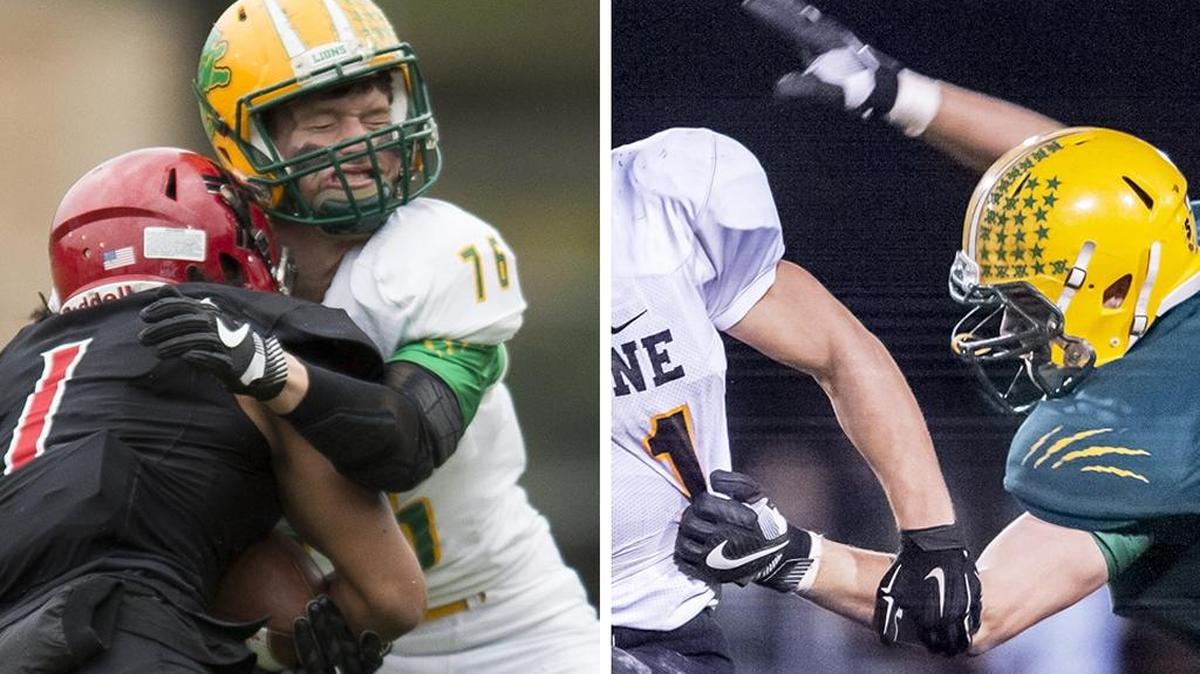 Trey LaBounty, left, and Jacob Kettles are just the latest in a long line of standout big, fast, intelligent defensive ends for the Lynden football team.