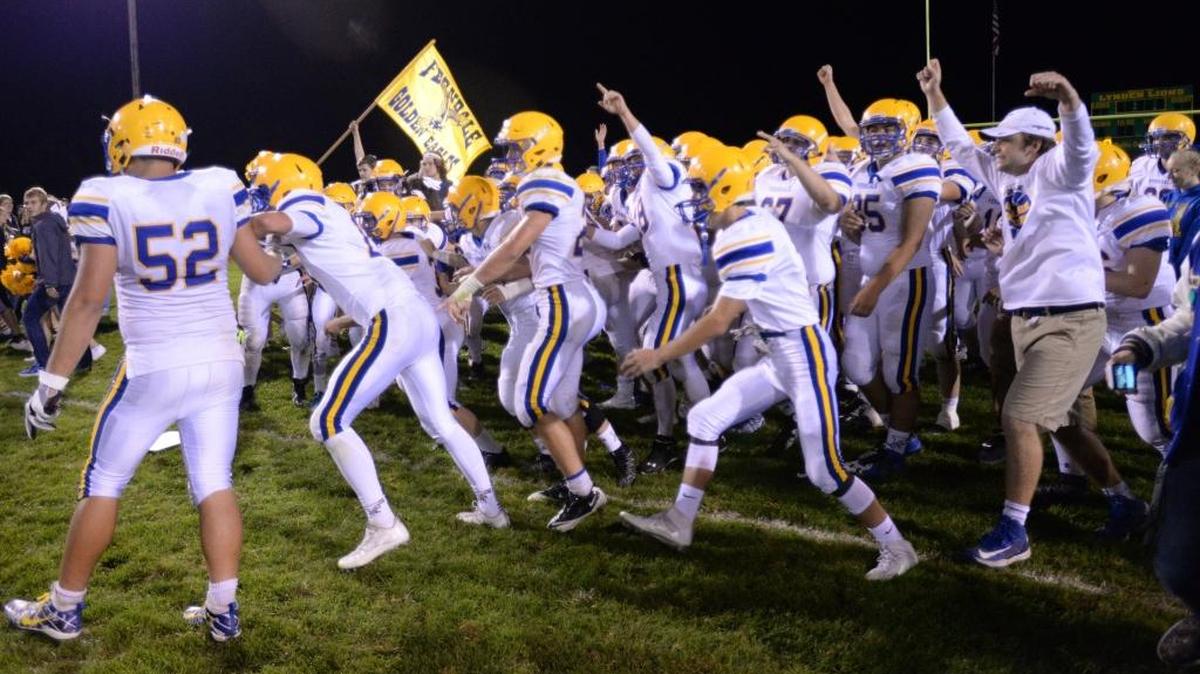 Ferndale High football players celebrate a victory in 2016. The Golden Eagles were one of seven Whatcom County teams ranked by the Associated Press in the Preseason Washington State Prep Football Poll Wednesday.