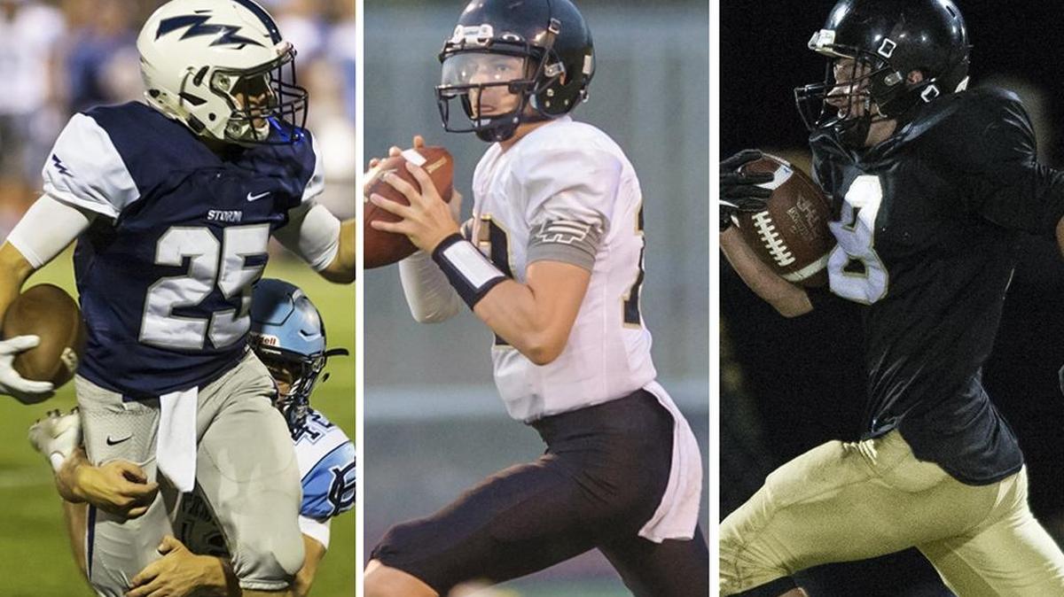 Squalicum's Triston Smith, left, leads Whatcom County in rushing yards, while Meridian's Simon Burkett, center, and Bryce Vandenhaak lead in passing and receiving yards, respectively.