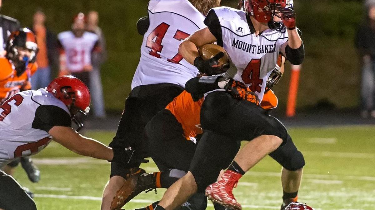 Mount Baker's Jed Schleimer grinds out more yards against Kalama Chinooks on Saturday, Nov. 14, at Kalama.