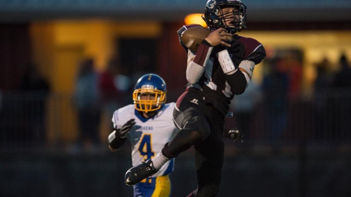
Lummi Nation's Free Borsey brings in a reception to put the Blackhawks in scoring position during a game against Crescent on Friday, Oct. 9, at Lummi Nation School. 
