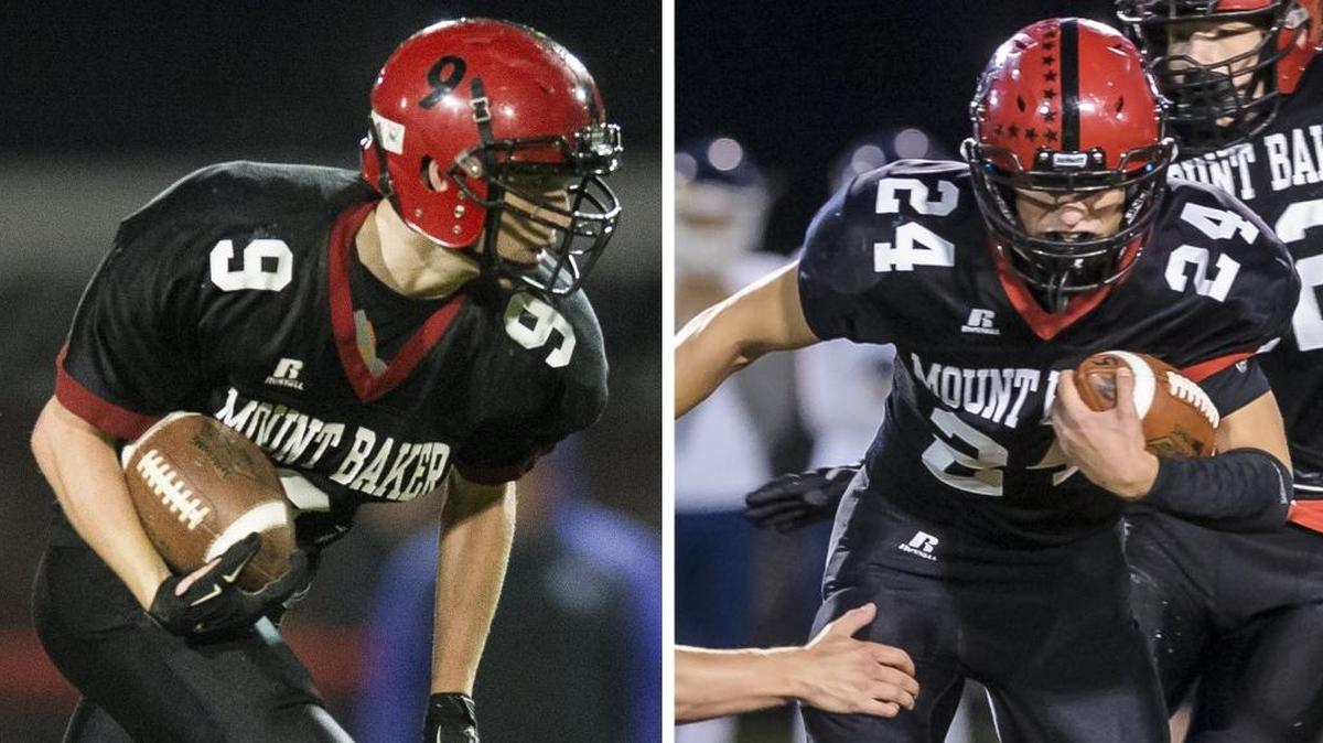 The Mount Baker football team’s Carson Brandland, left, and Carson Engholm may be different on and off the field, but they play big roles in the backfield.