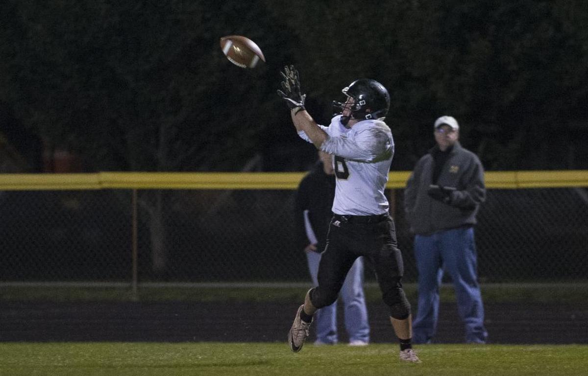 Meridian’s Bryce Vandenhaak catches a touchdown pass Oct. 20 against Nooksack Valley. Vandenhaak leads Whatcom County with 1,191 yards receiving this year.