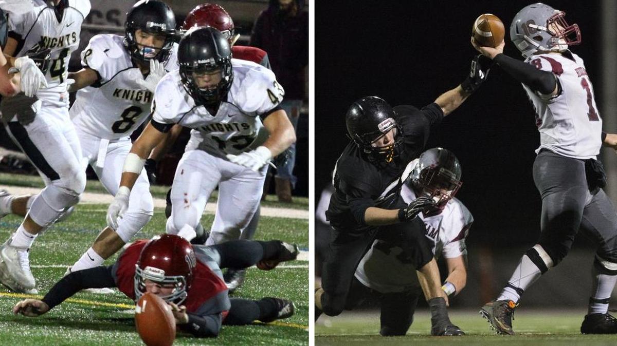 The Royal, left, and Meridian football teams used strong play by their physical, opportunistic defenses to advance to the Class 1A state championship game Saturday.