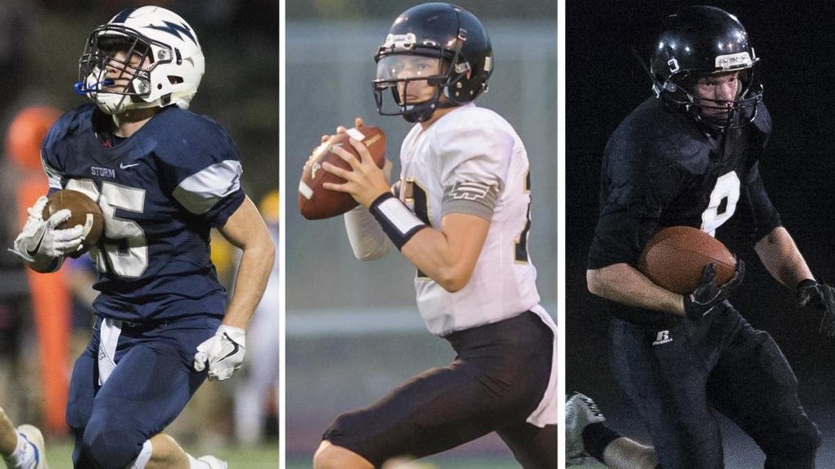 While Squalicum's Triston Smith, left, leads all Whatcom Country rushers this year, Meridian's Simon Burkett, center, leads in passing and Bryce Vandenhaak leads in receiving yards.
