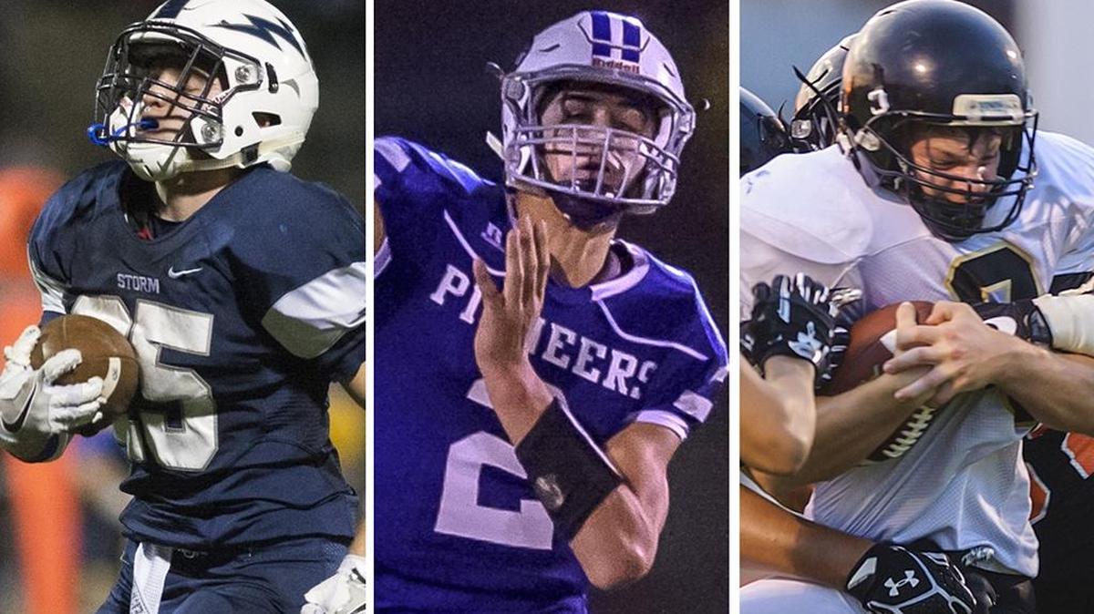 Squalicum’s Triston Smith, left, Nooksack Valley’s Casey Bauman, center, and Meridian’s Bryce VandenHaak lead Whatcom County in rushing, passing and receiving, respectively, entering Week 4.