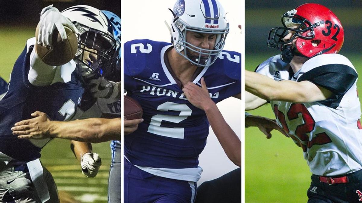 Squalicum's Triston Smith, left, Nooksack Valley's Casey Bauman and Mount Baker's Thomas Barbo were Whatcom County's rushing, passing and receiving leaders, respectively, following Week 1.
