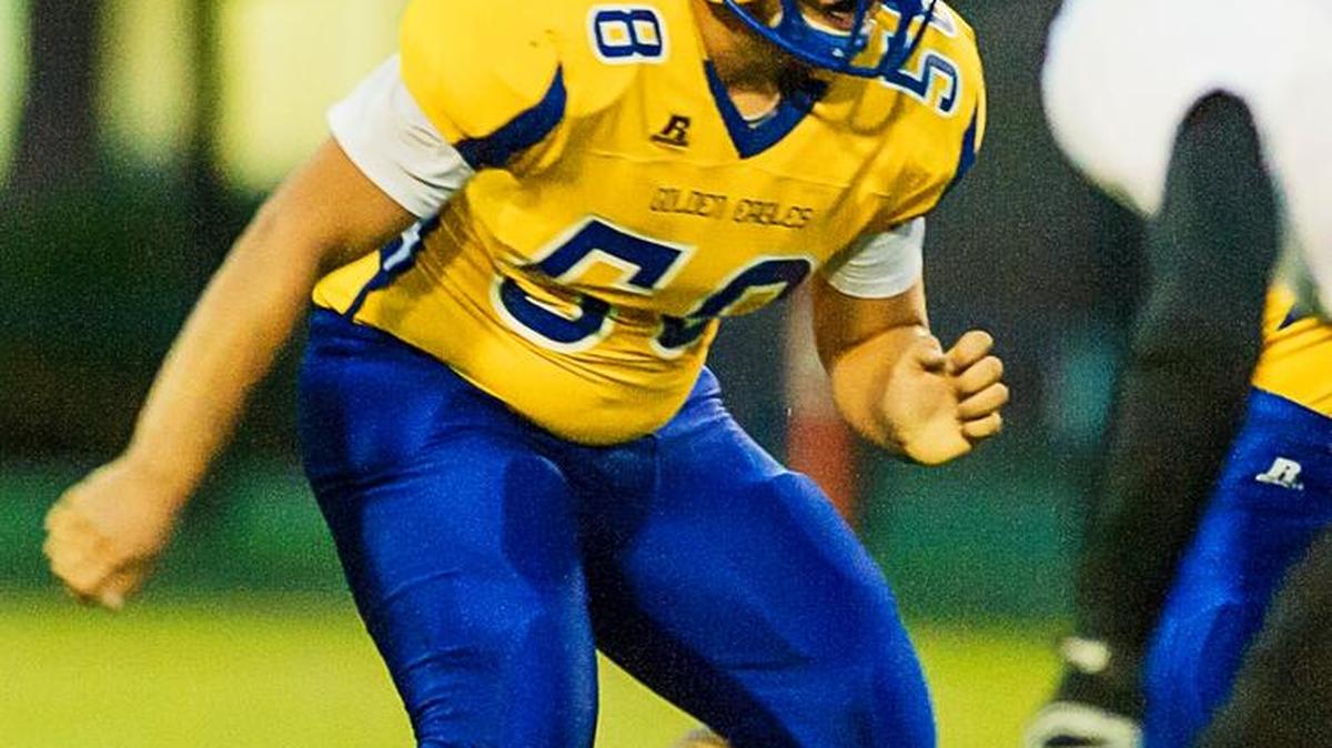
Ferndale linebacker Christian Rodriguez (58) looks for a tackle during the first quarter against Blaine on Friday, Sept. 18, at Ferndale High School.

