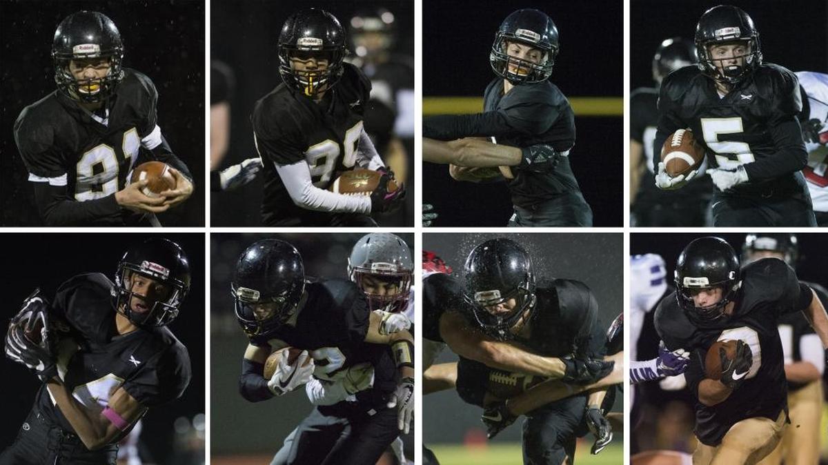 The Meridian football team has had plenty of weapons to chose from on offense this year with (clockwise from top left) TJ Dykstra, Kevin Galiano, Dawson Logan, Cole Roberts, Harlon Stuit, Tony Schleimer, Lukas Hemenway and Tony Schleimer.