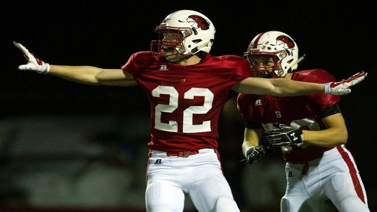 Bellingham receiver Ethan Fields (22) celebrates after scoring a touchdown during the Red Raiders’ homecoming game against Sehome Friday, Oct. 7, at Civic Stadium in Bellingham.