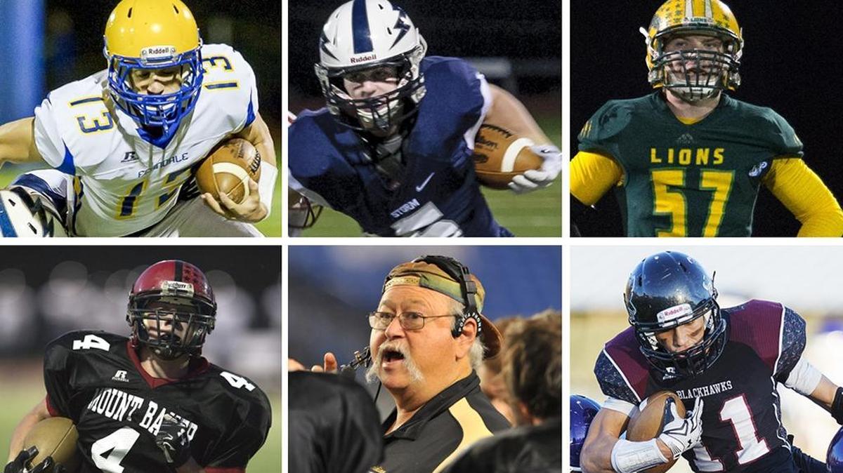 Six area teams received votes in the Associated Press Washington high school football preseason poll, including (clockwise from top left) Ferndale and James Hinson, Squalicum and Ben Peterson, Lynden and Brody Weinheimer, Mount Baker and Jed Schleimer, Meridian and coach Bob Ames and Lummi and Free Borsey.