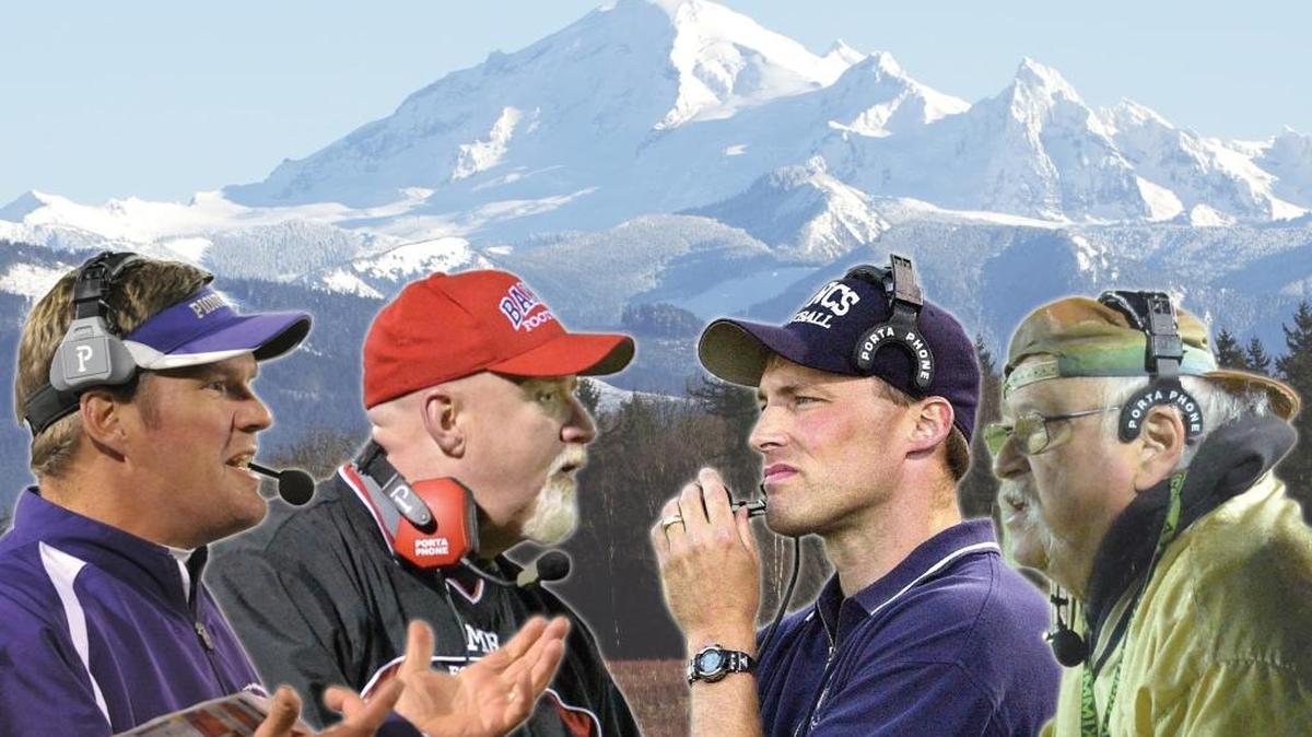 Nooksack Valley football coach Robb Myhre, from left, Mount Baker coach Ron Lepper, Lynden Christian coach Dan Kaemingk and Meridian coach Bob Ames form a tight fraternity of legendary Whatcom County coaches in the Class 1A Northwest Conference. Their teams will battle each other twice over the next six weeks.