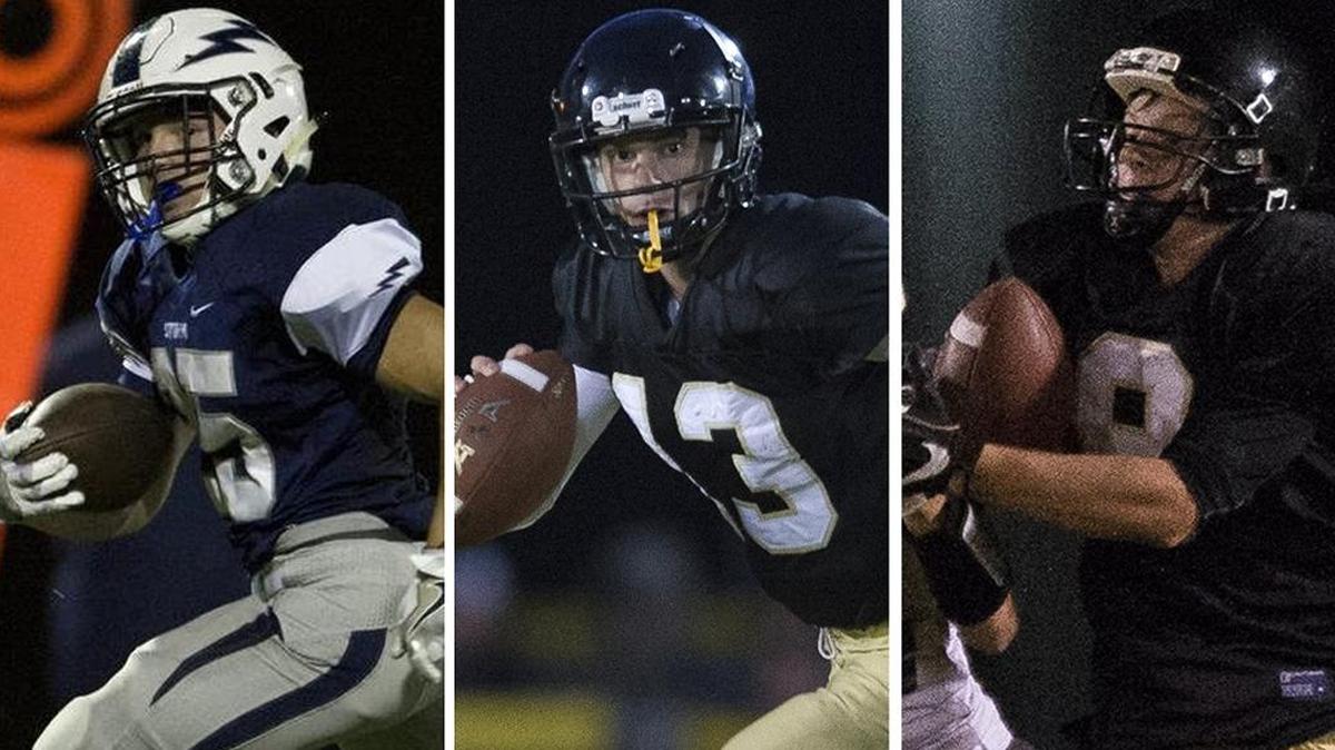 Squalicum's Triston Smith, left, and Meridian's Simon Burkett and Bryce Vandenhaak lead Whatcom County in rushing, passing and receiving yardage, respectiviely, after the first six weeks of the 2017 football season.