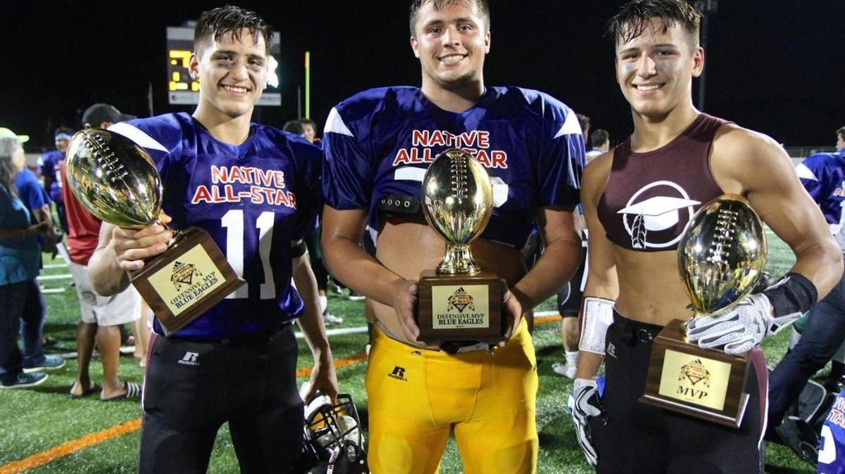Lummi’s Free Borsey, left, was selected the Blue Eagles’ Offensive MVP, Ferndale’s Winterhawk Leighton was the Blue Eagle’s Defensive MVP and Lummi’s Raven Borsey was selected the game MVP at the 2017 Native All-Star Football Classic Saturday in Arlington, Texas.