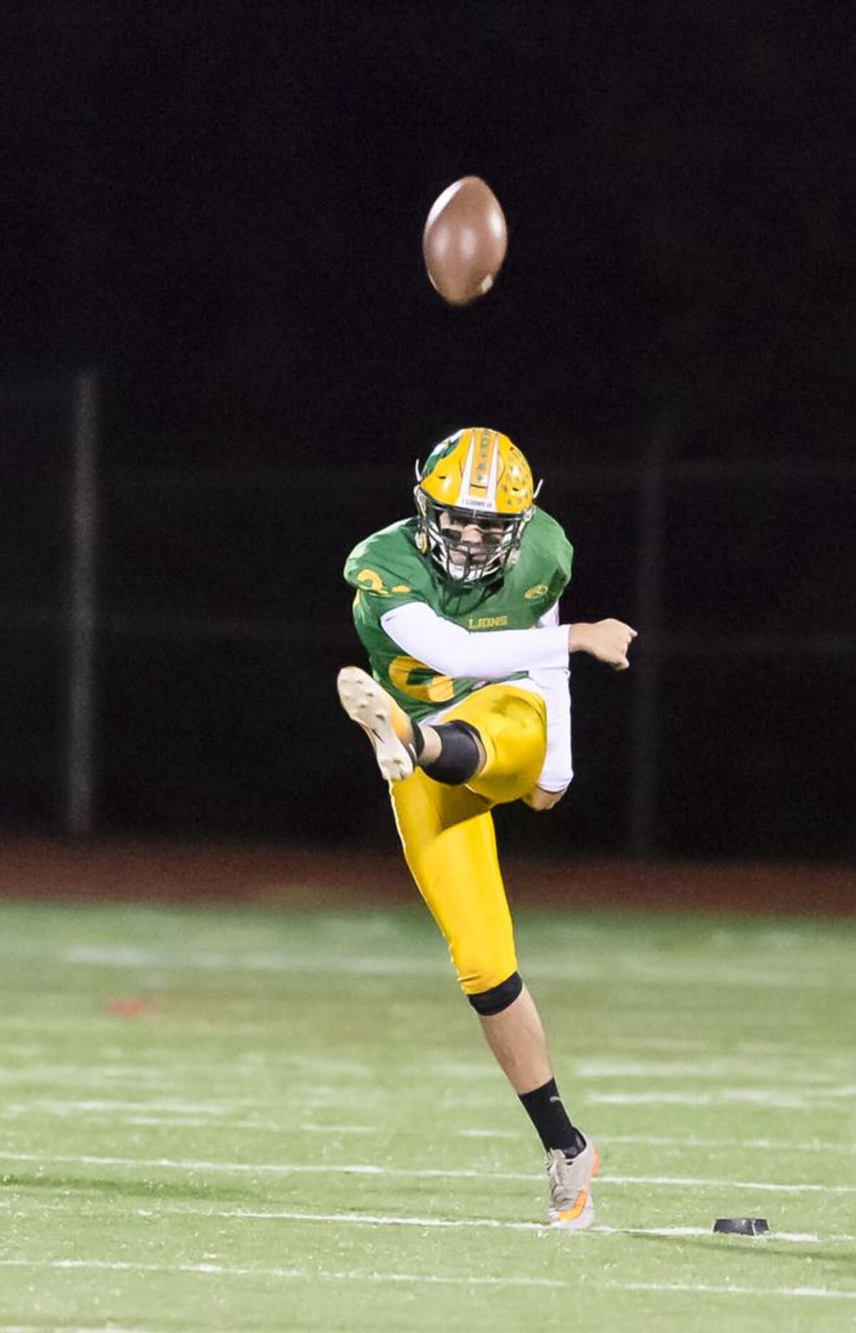 Lynden kicker Marko Samoukivic kicks of to Blaine during the first quarter in the 2A Northwest district playoff game at Civic Stadium on Friday, Nov. 2, 2018, in Bellingham.
