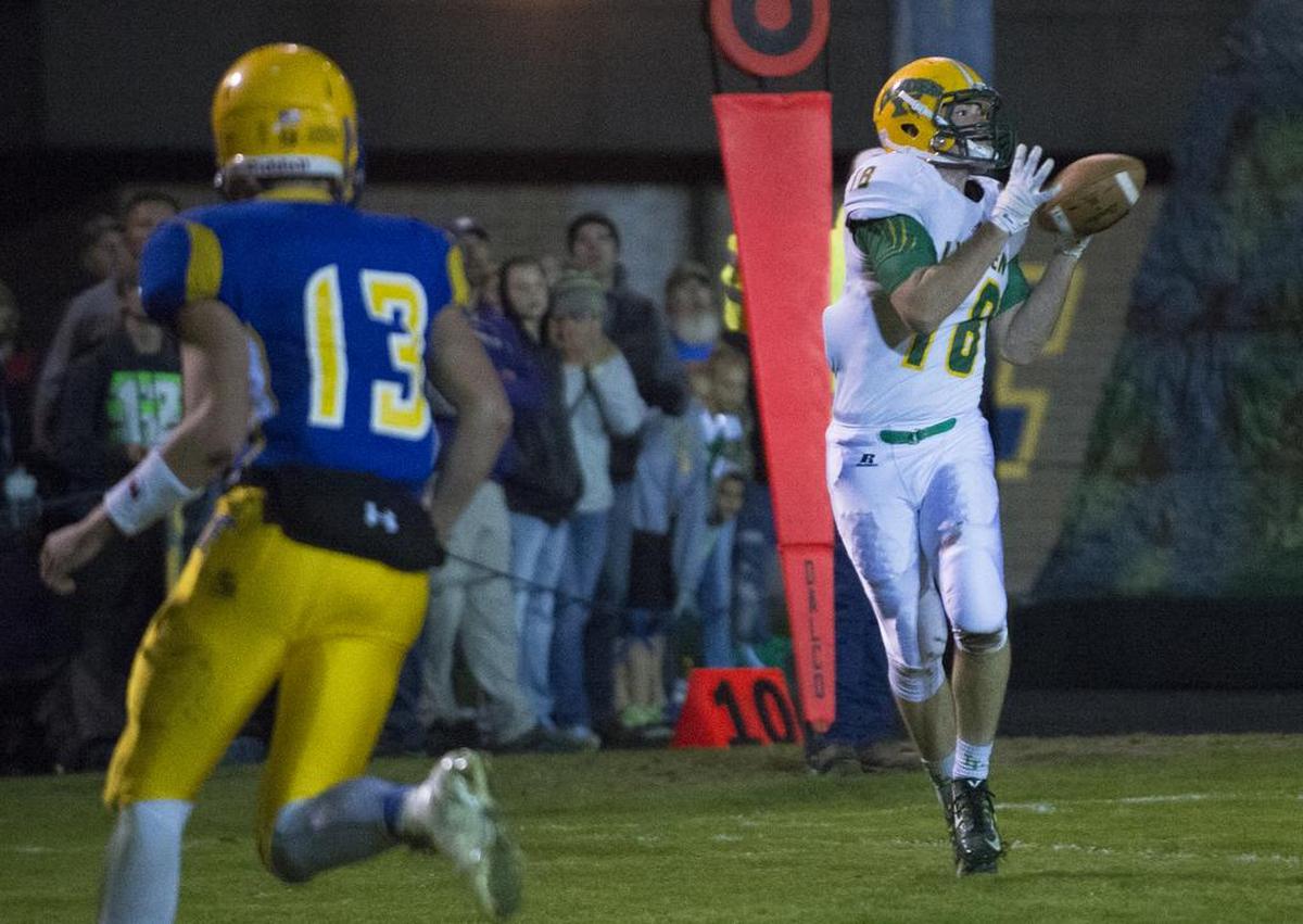 Lynden's Ben Colwell hauls in a touchdown reception on Friday, Oct. 16, at Ferndale High School.