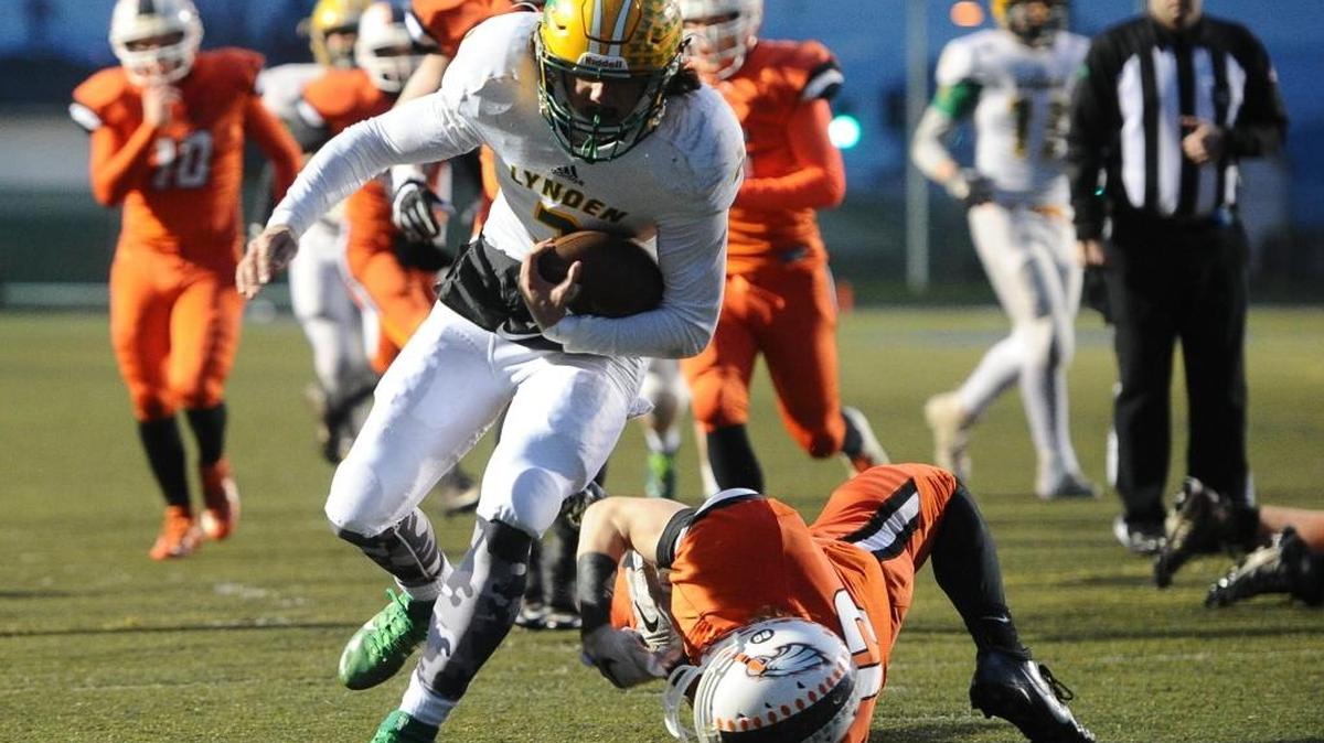 Lynden’s Rylan Severson scores a touchdown against Spokane West Valley during Class 2A state quarterfinal Saturday, Nov. 19, at Gonzaga Prep in Spokane.