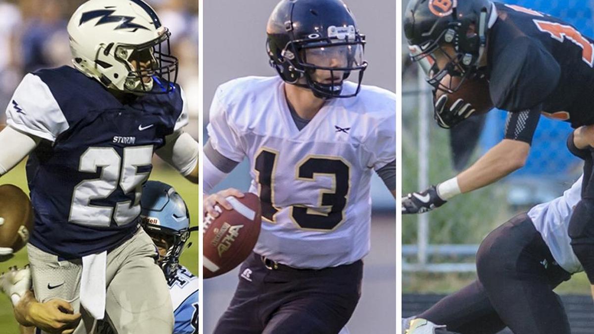 Squalicum's Triston Smith, left, Meridian's Simon Burkett, center, and Blaine's Dalton Mouw are the Whatcom County leaders in rushing, passing and receiving yards, respectively, entering Week 5 of the 2017 high school football season.