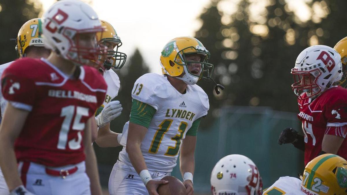 Lynden’s Brock Heppner celebrates a play against Bellingham Sept. 15 at Civic Stadium.