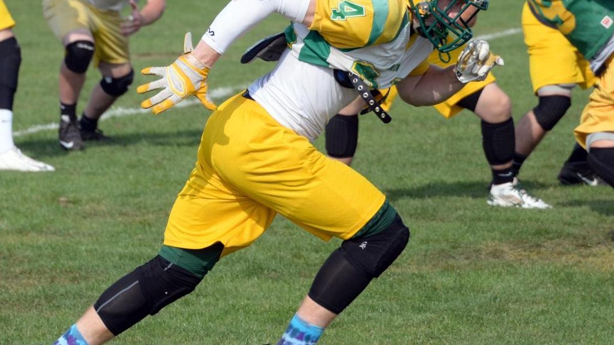 
Lions wide receiver Noah King gets off the ball during Lynden football practice Wednesday, Aug. 26, at Lynden High School.

