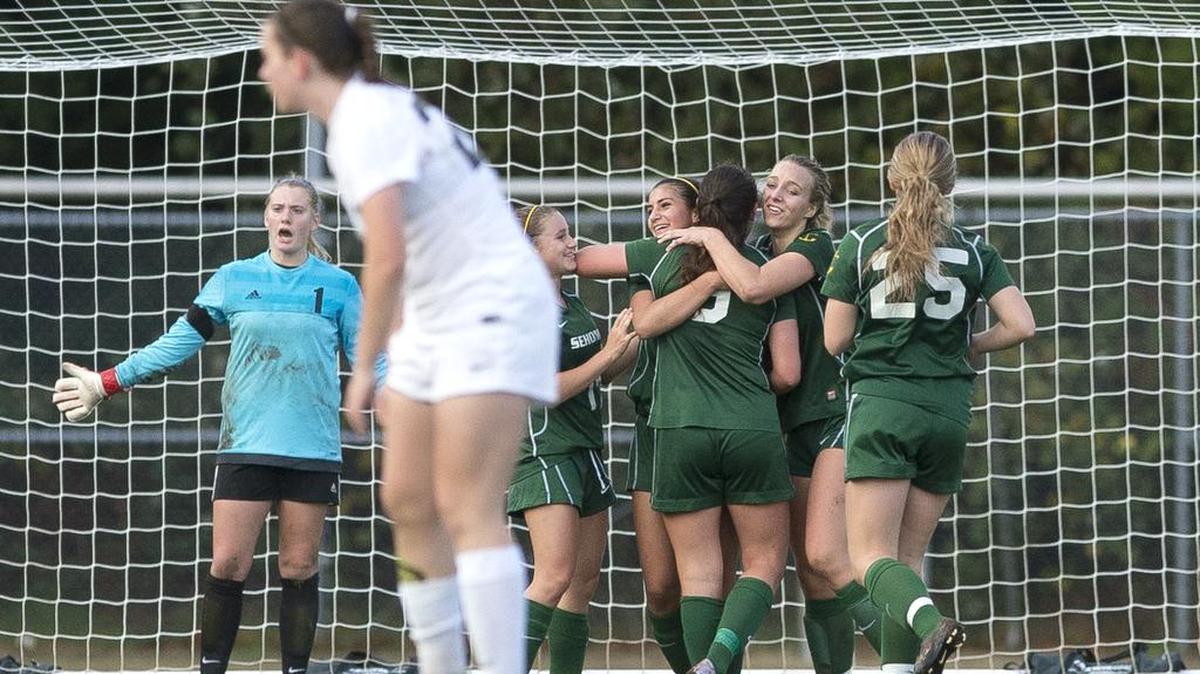 Sehome's Sophia Pagnotta celebrates with teammates after scoring the lone goal in a 1-0 victory over Meridian on Tuesday, Oct. 18, at Meridian High School in Laurel.