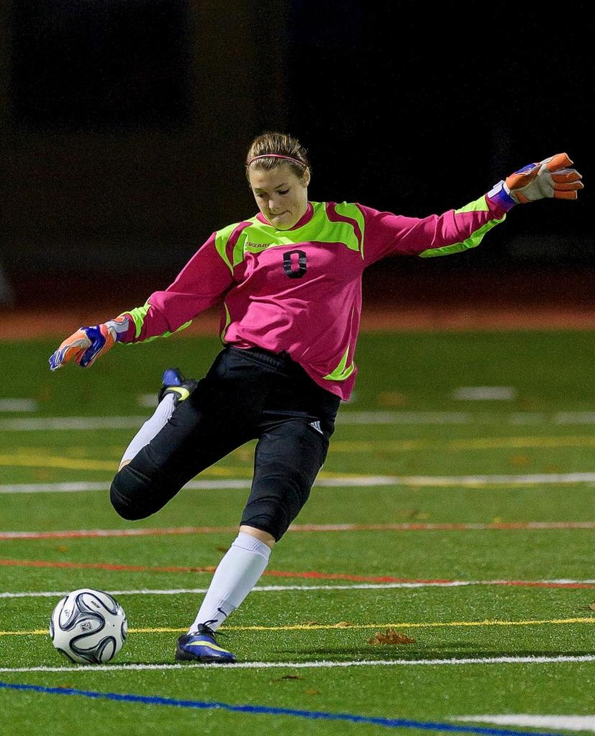 Sehome goalkeeper Nicole Carlson takes a goal kick against Meridian on Thursday, Oct. 8, at Civic Stadium in Bellingham.