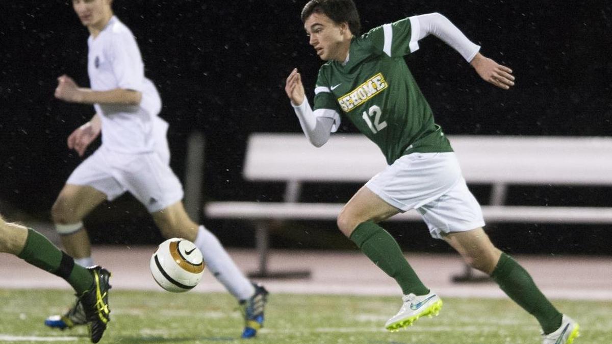 Sehome’s Noah Byford chases after the ball in a March 2015 game at Civic Stadium. Byford was selected to the 2016 Class 2A WSSCA All-State first team.