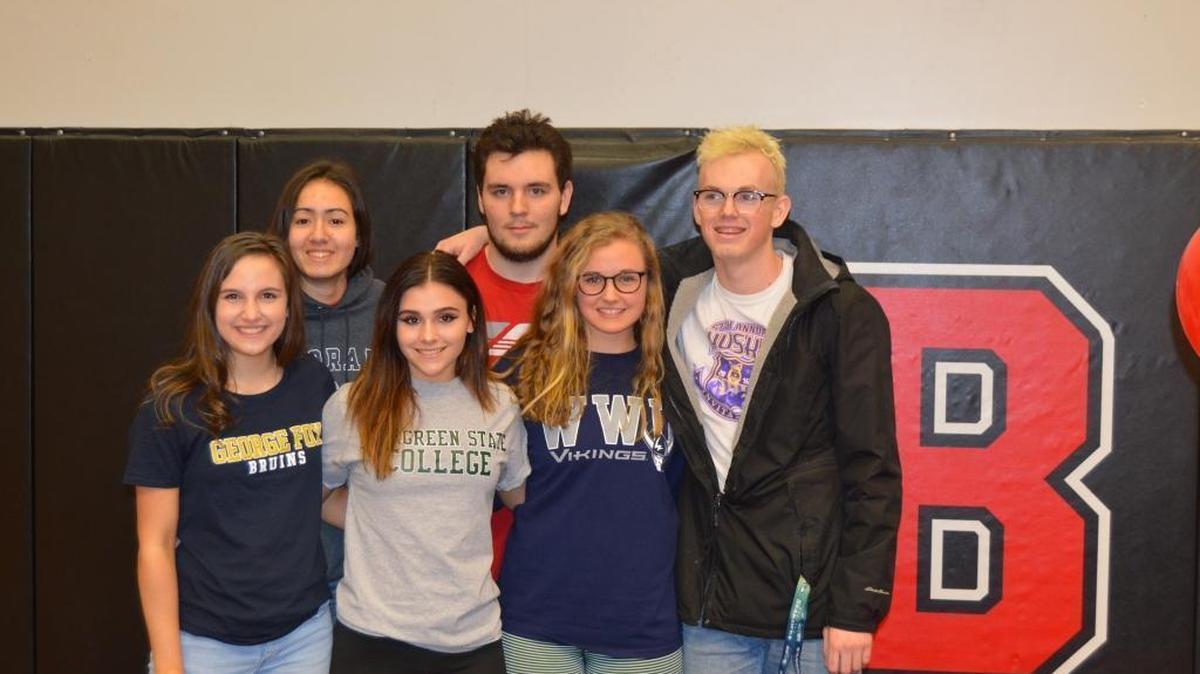 Six Bellingham High student-athletes signed their National Letters of Intent on Friday: (from left) Sophia Lawrence (volleyball, George Fox), Jocelyn Johnson (volleyball, Colorado School of Mines), Morgan Jones (soccer, Evergreen state), Joe Worley (soccer, Skagit Valley College), Alice Hiebert (soccer, Western Washington) and Brisen Pearson (swimming, Southwestern Oregon Community College).