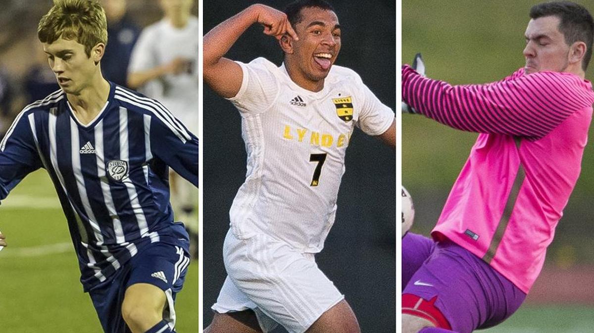 Squalicum’s Tyler Hughes, left, and Lynden’s Nick Parris share All-NWC Offensive MVP honors, while Bellingham goal keeper Joesph Worley grabs Defensive MVP selection.