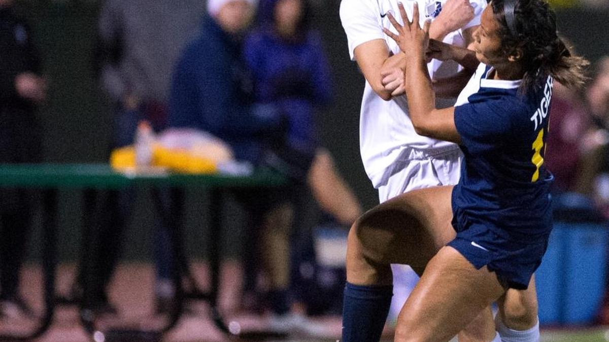 
Burlington-Edison's Meaghan White runs into Squalicum's Kim Dorr during a 1-0 victory for the Storm on Thursday, Oct. 15, at Civic Stadium in Bellingham.

