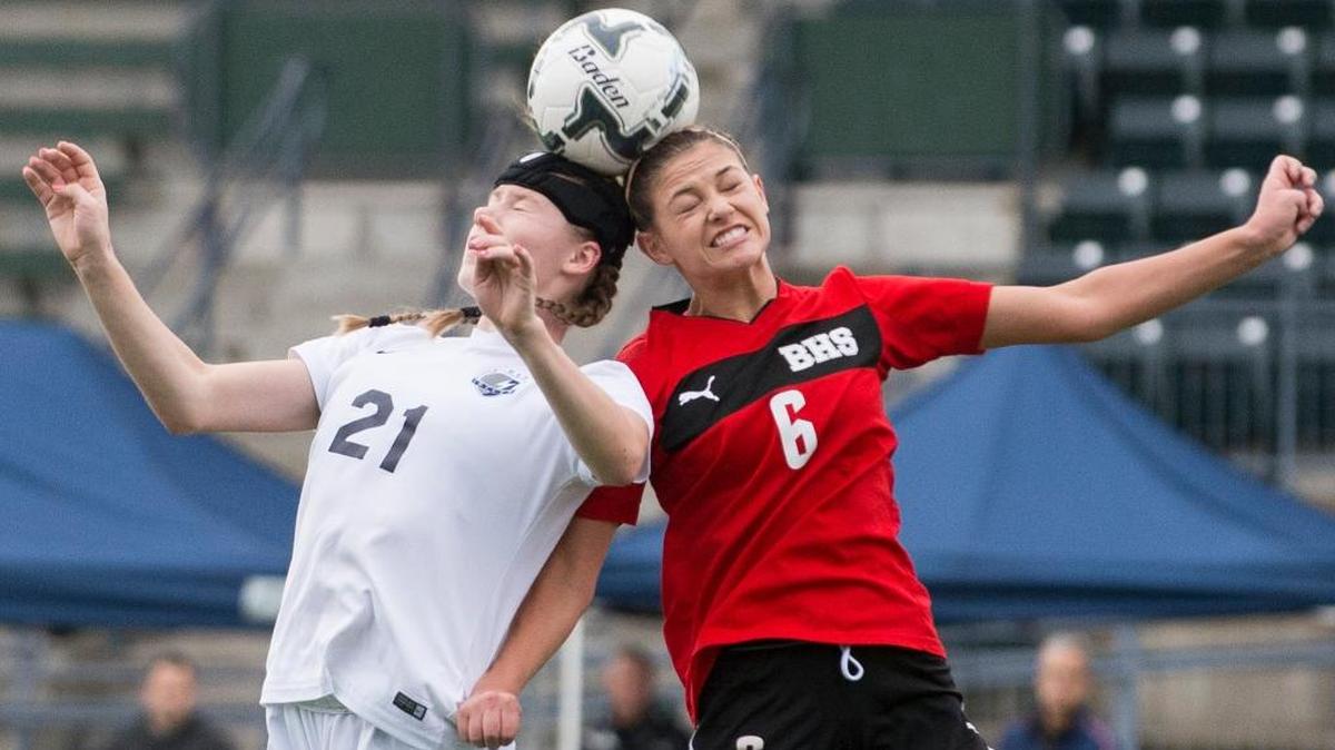 Squalicum's Kendra Steele, left, and Bellingham's Brooke Baker go for a header at the same time on Saturday, Oct. 31, at Civic Stadium in Bellingham.