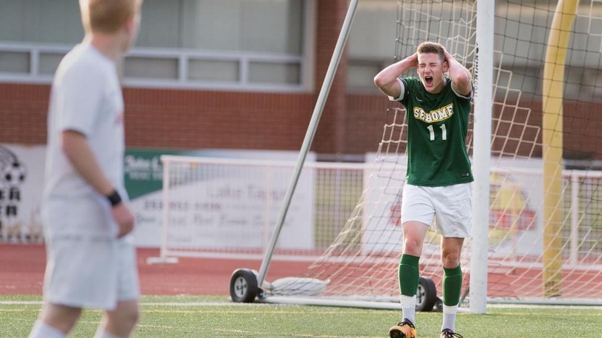 Sehome’s Jack Willis shows his frustration after a missed opportunity in Archbishop Murphy’s goal box in a Class 2A State Boys’ Soccer Tournament semifinal Friday, May 27, at Sunset Chev Stadium in Sumner. Sehome lost 1-0.