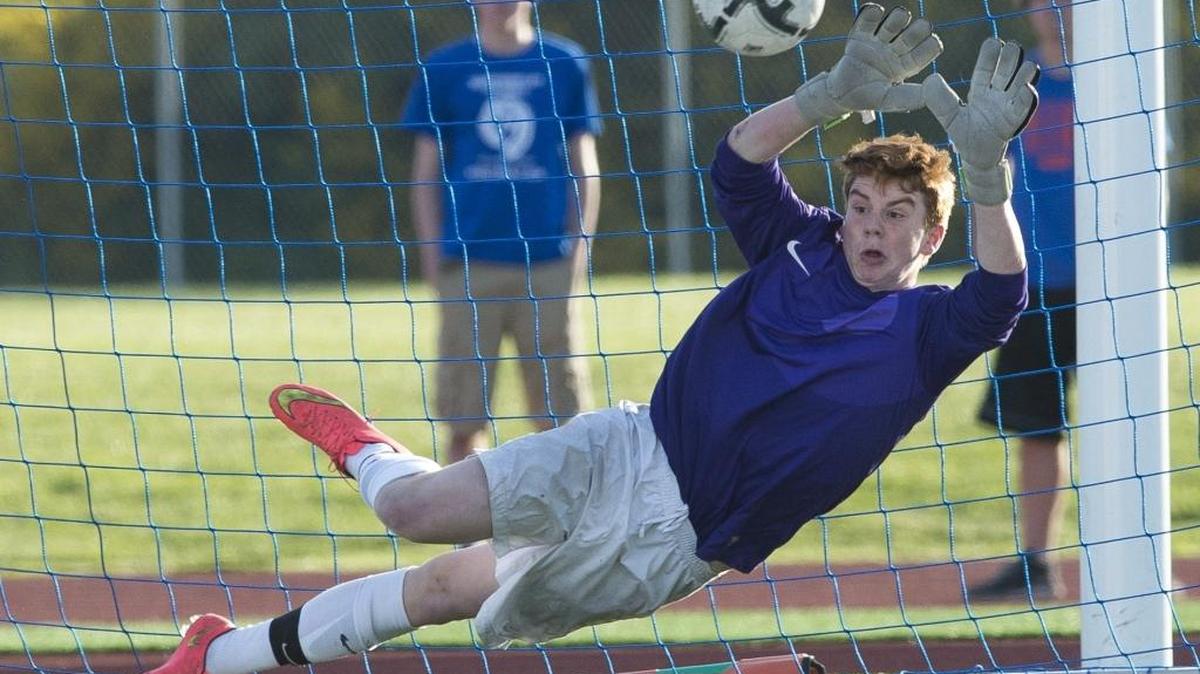 Sehome’s Devin Trueb attempts to stop a shot during a shootout against Anacortes in a 2015 game at Sedro-Woolley.