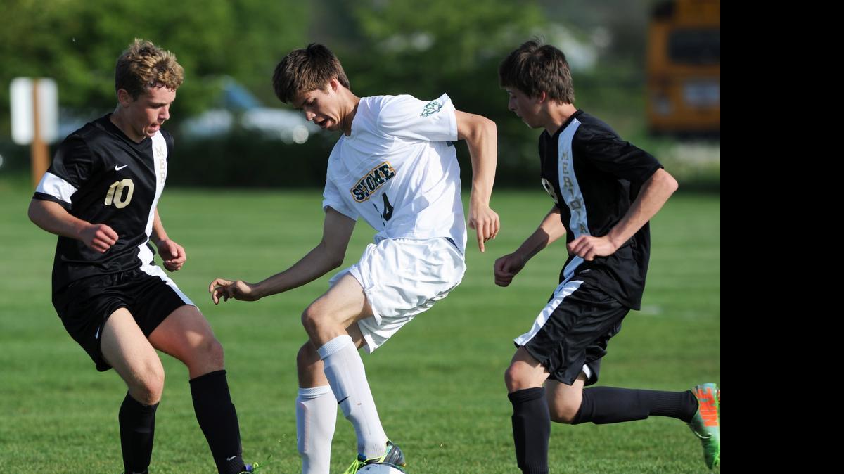
Sehome takes on Meridian in a soccer game on Thursday, May 1, 2014 in Bellingham. Sehome defeated Meridian 2-1. 
