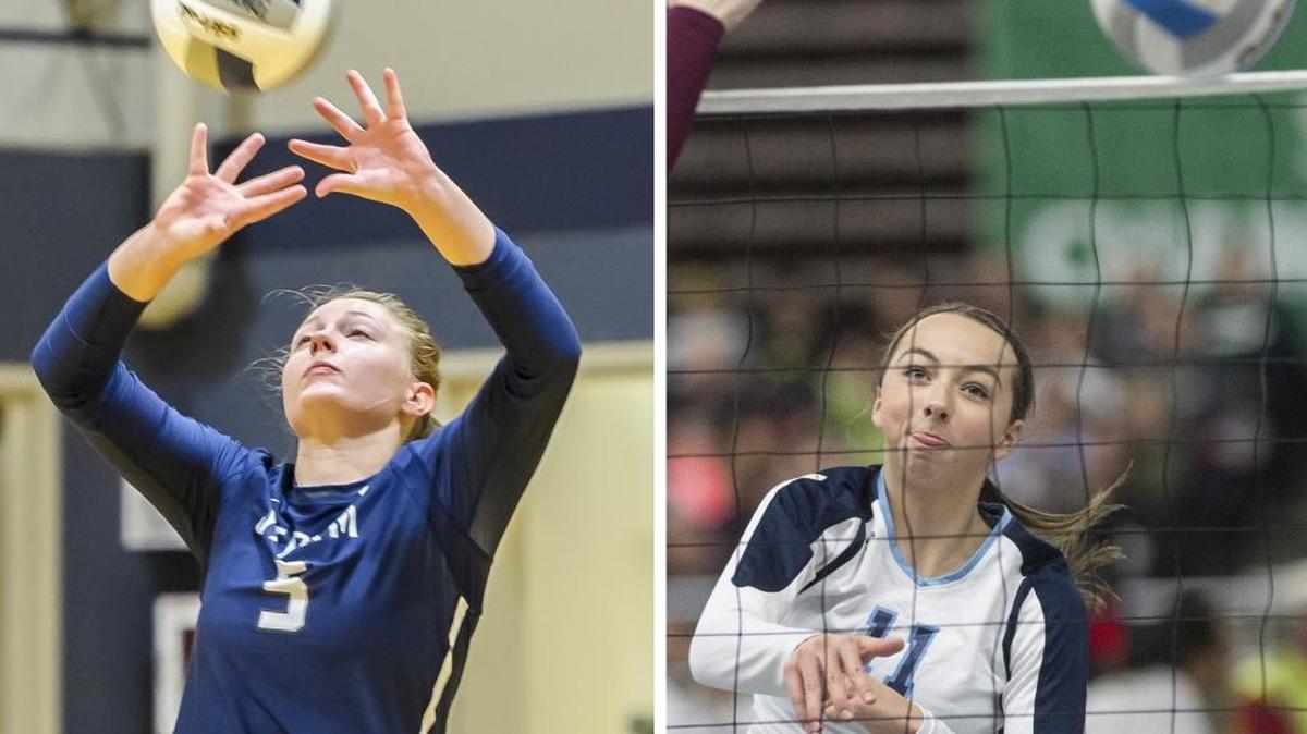 Lynden Christian’s Avery Dykstra, left, and Torina Hommes were each selected first-team all-state in Class 1A by the Washington State Volleyball Coaches.