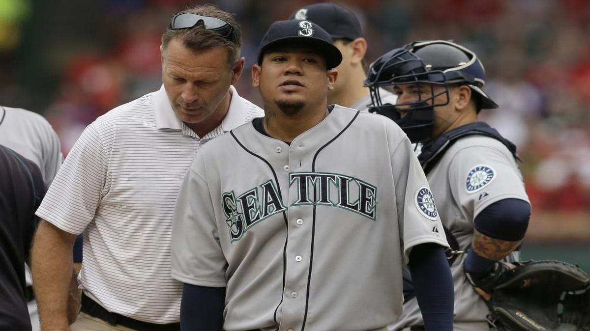 
Seattle Mariners starting pitcher Felix Hernandez comes out of the game after experiencing elbow stiffness in the sixth inning Sunday against the Texas Rangers in Arlington. Hernandez said Tuesday that he expects so make his next regularly scheduled start.
