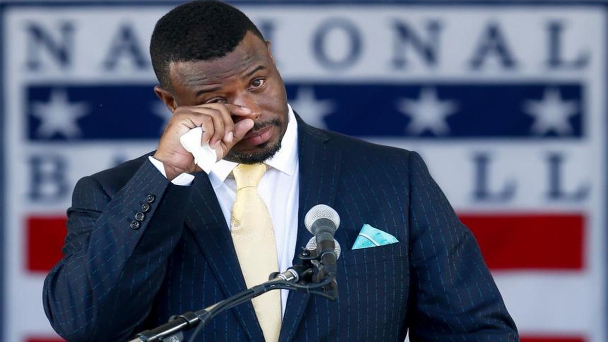 Ken Griffey Jr. gets emotional Sunday as he is inducted into the National Baseball Hall of Fame in Cooperstown, N.Y.
