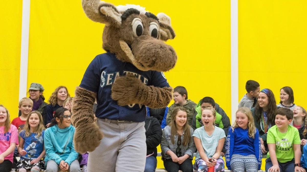The Mariner Moose visits with kids during the 2017 Mariners Caravan tour stop at the Ferndale Clubhouse of Boys & Girls Clubs of Whatcom County. This year, the caravan will visit the Bellingham Club house of the Boys & Girls Club on Jan. 24.